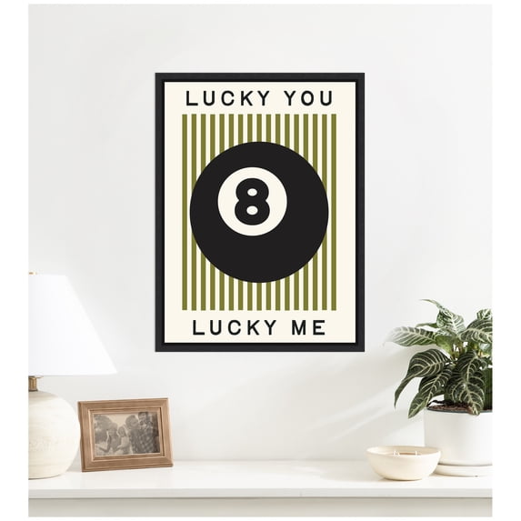 Kate and Laurel Framed Canvas Wall Art Print Lucky You Lucky Me Green Striped 8 Ball Print, Dopamine Decor for Home or Apartment Retro Poster by Lucky Guava, 18 x 24 Sylvie Black Frame, Modern