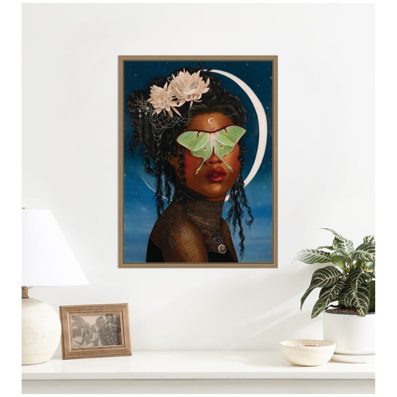 Kate and Laurel Framed Canvas Wall Art Print Luna Ascending by Charlotte Brindley, 18 x 24 Sylvie Dark Gold Frame, Whimsical, Abstract Art for Wall Decor