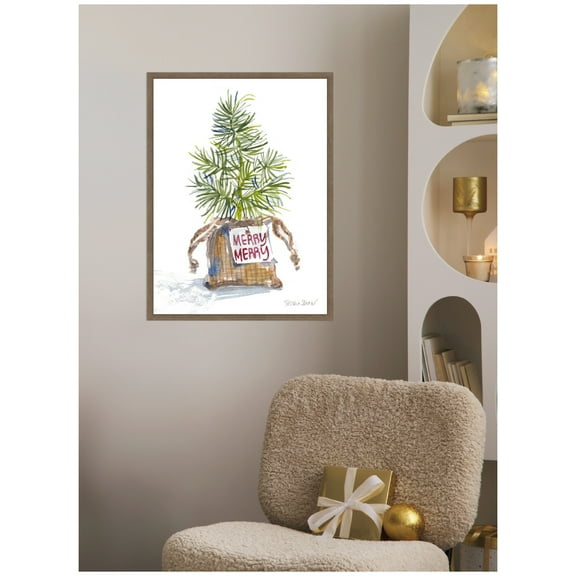 Kate and Laurel Framed Canvas Wall Art Print 'Merry Seedling In Burlap' by Patricia Shaw, 18 x 24 Sylvie Walnut Frame, Whimsical, Holiday Art for Wall Decor