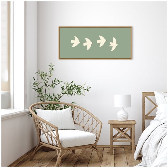 Kate and Laurel Framed Canvas Wall Art Print Minimalist Birds Panel 4 Green by Laura Moss, 40 x 18 Sylvie Natural Frame, Modern Contemporary, Animal Art for Wall Decor