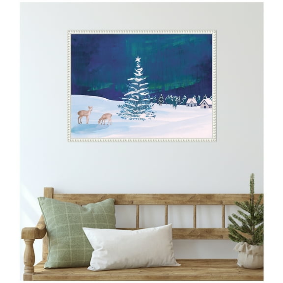 Kate and Laurel Framed Canvas Wall Art Print 'Nothern Lights Winter' by Teju Reval, 24 x 18 Sylvie Beaded White Frame, Rustic Farmhouse, Landscape Art for Wall Decor