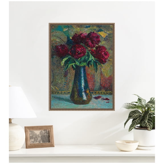 Kate and Laurel Framed Canvas Wall Art Print Pivoines rouges dans un vase Dalpayrat by Henri Martin by Nostalgia Prints, 18 x 24 Sylvie Beaded Dark Gold Frame, Traditional, Still Life Art for Wall