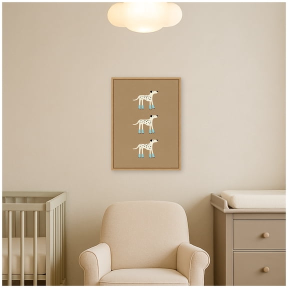 Kate and Laurel Framed Canvas Wall Art Print Playful Roller Skating Dalmatians by Laura Moss, 18 x 24 Sylvie Natural Frame, Whimsical, Animal Art for Wall Decor