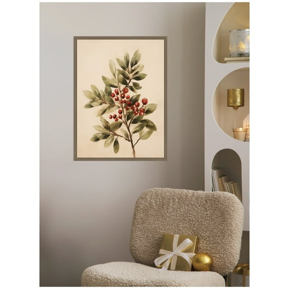 Kate and Laurel Framed Canvas Wall Art Print 'Red Berry Botanical' by The Creative Bunch Studio, 18 x 24 Sylvie Dark Gold Frame, Vintage, Nature Art for Wall Decor