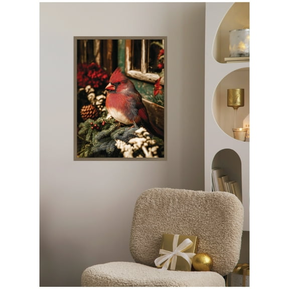 Kate and Laurel Framed Canvas Wall Art Print 'Red Cardinal Sitting On a Mistletoe' by Michael Schauer, 18 x 24 Sylvie Dark Gold Frame, Rustic Farmhouse, Animal Art for Wall Decor