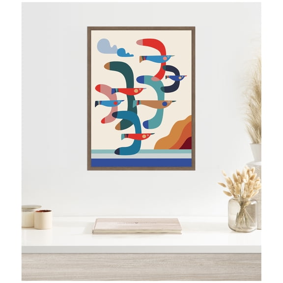Kate and Laurel Framed Canvas Wall Art Print Seagulls Coastal Vibes by Rachel Lee, 18 x 24 Sylvie Walnut Frame, Whimsical, Abstract Art for Wall Decor