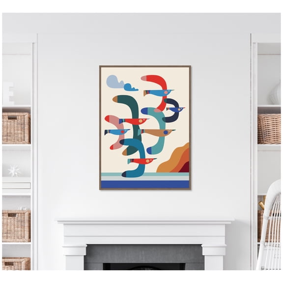 Kate and Laurel Framed Canvas Wall Art Print Seagulls Coastal Vibes by Rachel Lee, 28 x 38 Sylvie Walnut Frame, Whimsical, Abstract Art for Wall Decor