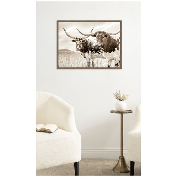 Kate and Laurel Framed Canvas Wall Art Print Sepia Texas Longhorn Cattle in Pasture by The Creative Bunch Studio, 24 x 18 Sylvie Walnut Frame, Rustic Farmhouse, Animal Art for Wall Decor