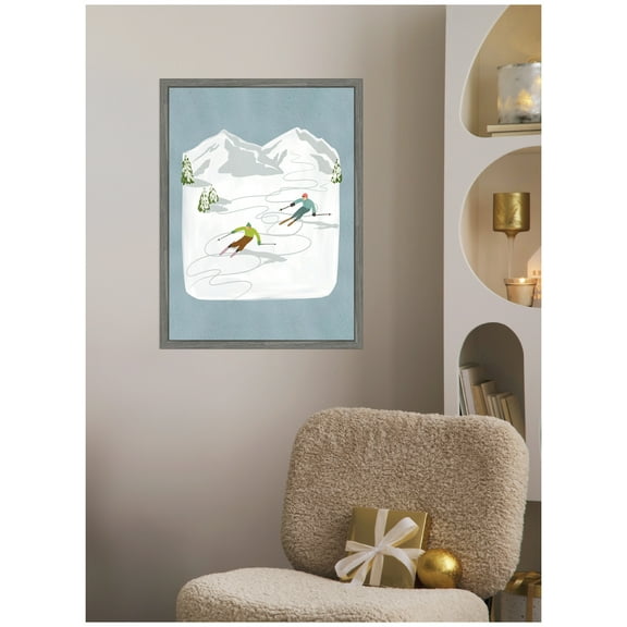 Kate and Laurel Framed Canvas Wall Art Print 'Skiers l' by Nikita Jariwala, 18 x 24 Sylvie Greywash Frame, Modern Contemporary, Sport Art for Wall Decor
