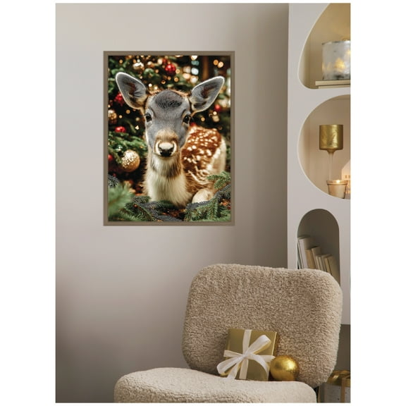 Kate and Laurel Framed Canvas Wall Art Print 'Small Doe Between Christmas Decor' by Michael Schauer, 18 x 24 Sylvie Dark Gold Frame, Whimsical, Animal Art for Wall Decor