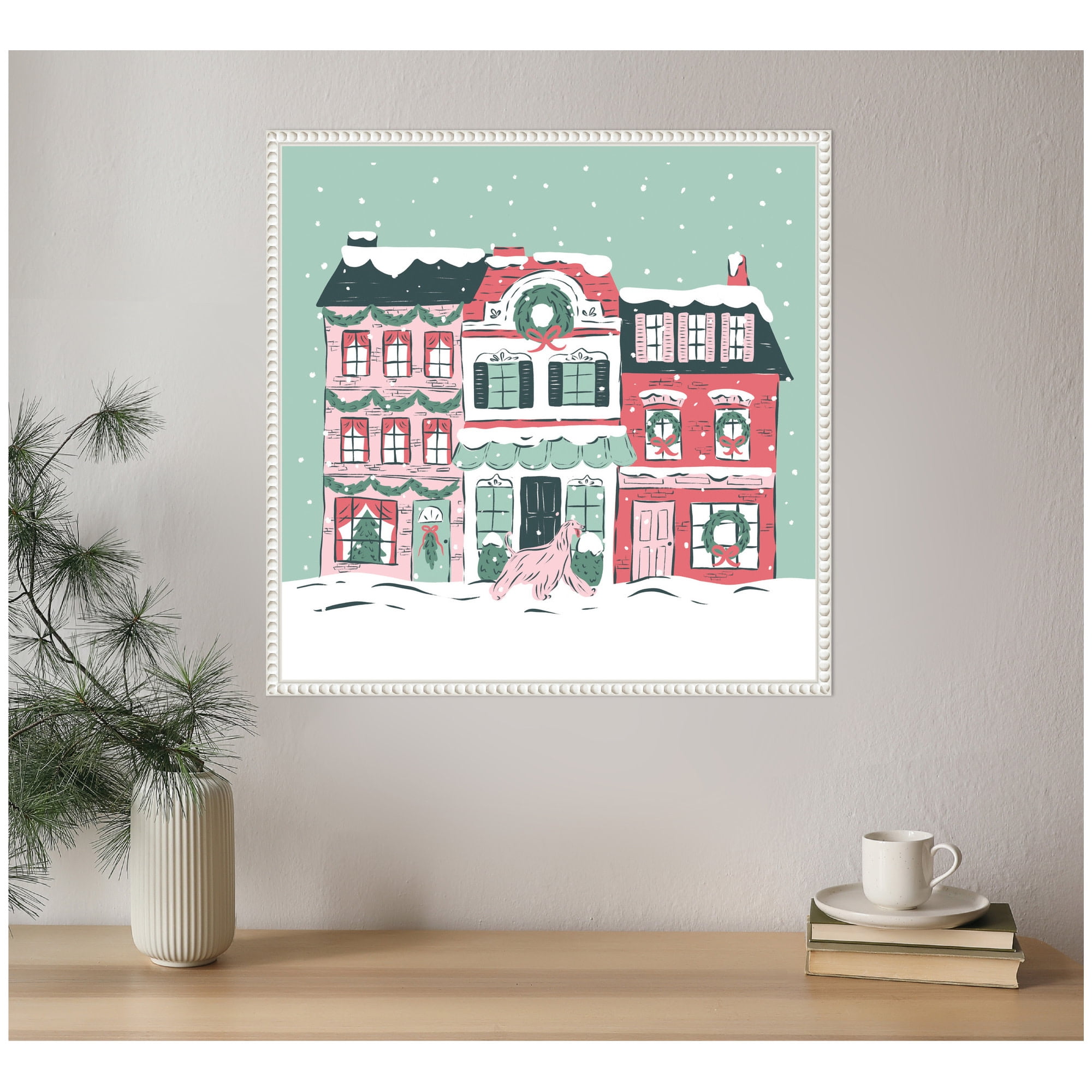 Kate and Laurel Framed Canvas Wall Art Print 'Snowy Christmas Village' by Krissy Mast, 22 x 22 Sylvie Beaded White Frame, Whimsical, Holiday Art for Wall Decor