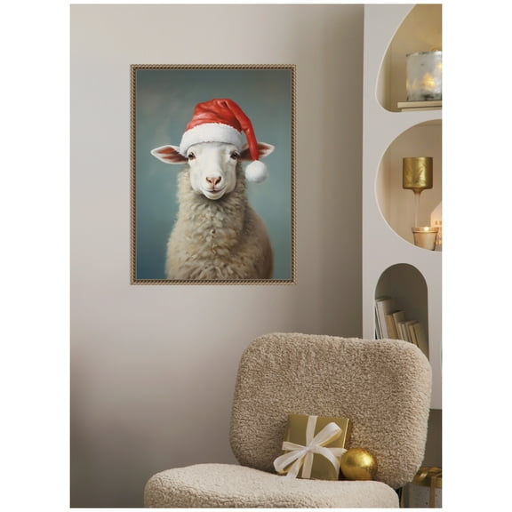 Kate and Laurel Framed Canvas Wall Art Print 'Sweet Sheep Santa Hat' by The Creative Bunch Studio, 18 x 24 Sylvie Beaded Dark Gold Frame, Whimsical, Animal Art for Wall Decor