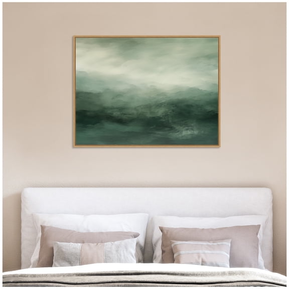 Kate and Laurel Framed Canvas Wall Art Print Tonal Abstract Comforting Sage Emerald Forest Green Landscape Horizontal by The Creative Bunch Studio, 42 x 32 Sylvie Natural Frame, Modern Contemporary,