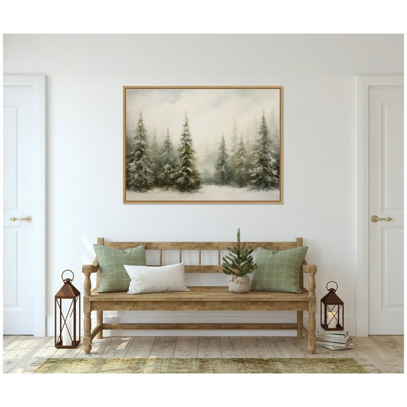 Kate and Laurel Framed Canvas Wall Art Print 'Traditional Snowy Forest Landscape' by The Creative Bunch Studio, 38 x 28 Sylvie Natural Frame, Traditional, Landscape Art for Wall Decor