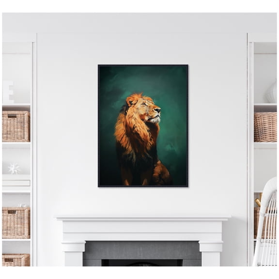 Kate and Laurel Framed Canvas Wall Art Print Twilight Turquoise Jade Lion by The Creative Bunch Studio, 28 x 38 Sylvie Beaded Black Frame, Modern Contemporary, Animal Art for Wall Decor