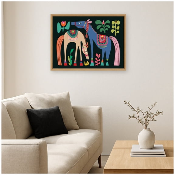 Kate and Laurel Framed Canvas Wall Art Print Two Horses 02 by Rachel Lee 3 Birdies Studio, 24 x 18 Sylvie Natural Frame, Whimsical, Animal Art for Wall Decor