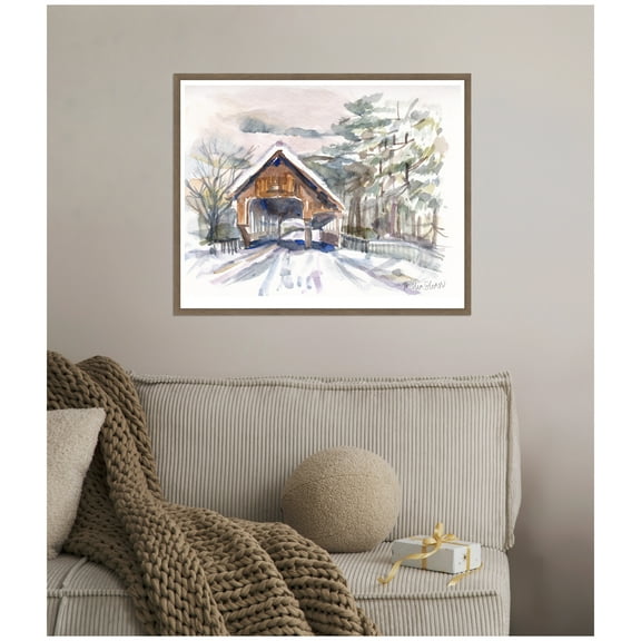 Kate and Laurel Framed Canvas Wall Art Print 'Vermont Snowy Bridge' by Patricia Shaw, 28 x 23 Sylvie Walnut Frame, Rustic Farmhouse, Landscape Art for Wall Decor