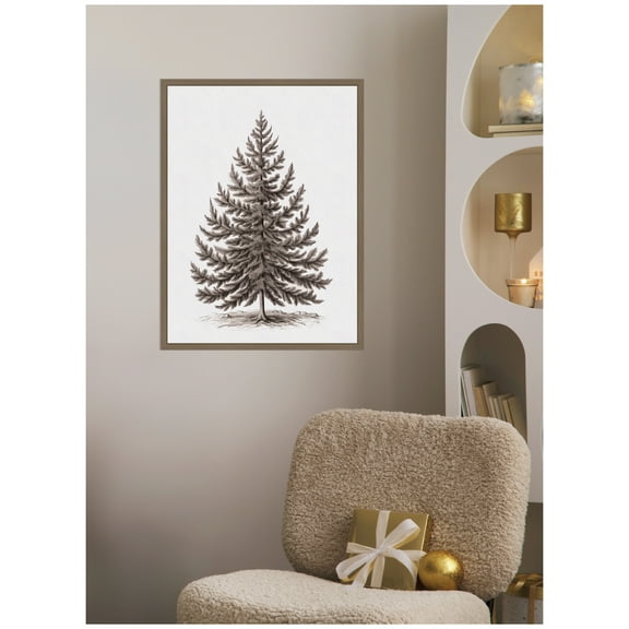 Kate and Laurel Framed Canvas Wall Art Print 'Vintage Evergreen Fir Tree lllustration I' by The Creative Bunch Studio, 18 x 24 Sylvie Dark Gold Frame, Vintage, Landscape Art for Wall Decor