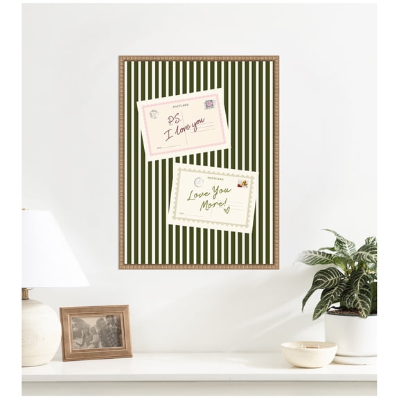 Kate and Laurel Framed Canvas Wall Art Print Vintage Postcard Print PS I Love You, Love You More, Striped Green Wall Art Dopamine Decor by Lucky Guava, 18 x 24 Sylvie Beaded Rustic Natural Frame,