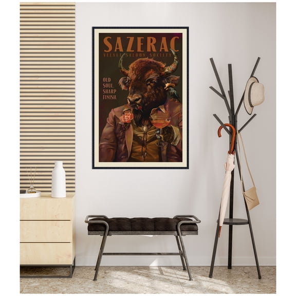 Kate and Laurel Framed Canvas Wall Art Print WG Sazerac Bison Buffalo by The Whiskey Ginger, 28 x 41 Sylvie Beaded Black Frame, Vintage, Animal Art for Wall Decor