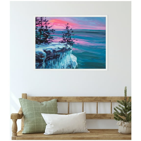 Kate and Laurel Framed Canvas Wall Art Print 'Winter At Cave Point' by Rachel Christopoulos, 24 x 18 Sylvie White Frame, Coastal, Landscape Art for Wall Decor