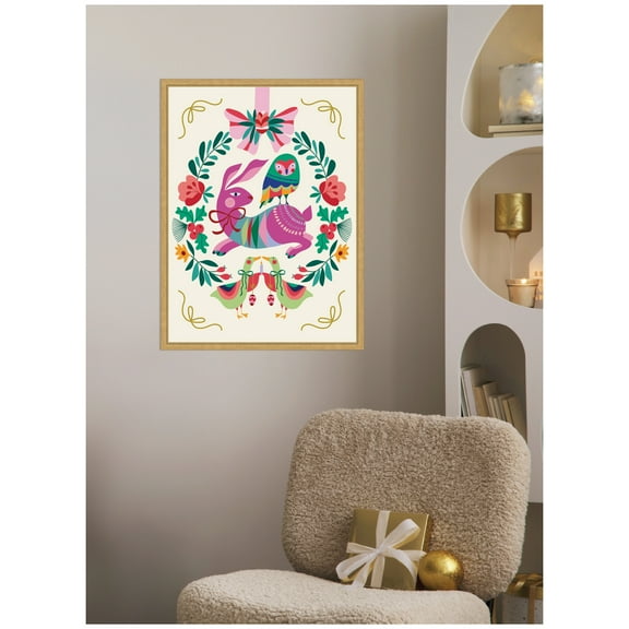 Kate and Laurel Framed Canvas Wall Art Print 'Woodland Animals Christmas Wreath' by Rachel Lee, 18 x 24 Sylvie Bright Gold Frame, Whimsical, Animal Art for Wall Decor