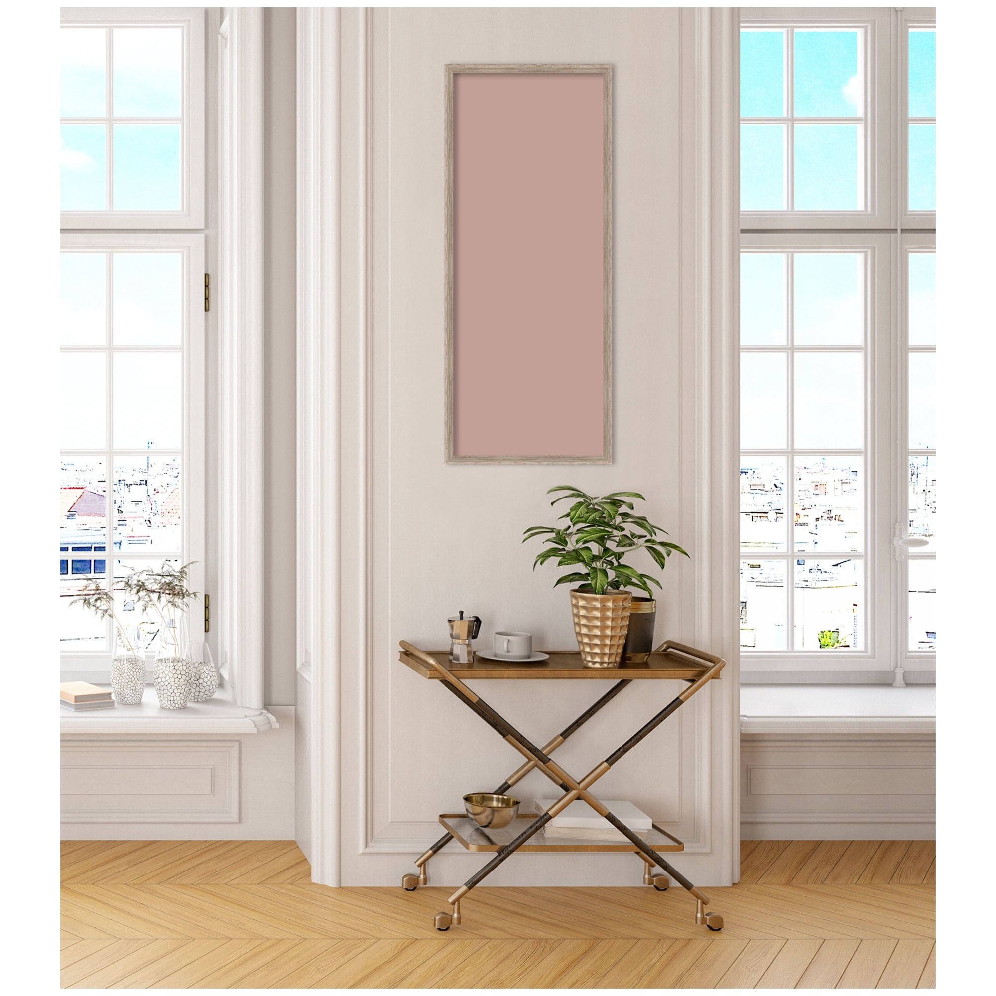 Kate and Laurel Framed Fabric Pinboard 17 x 41,  Printed Linen Rustic Farmhouse Bulletin Board for Use as a Vision Board or Wall Organization, Hardwood Wedge White Wash Frame