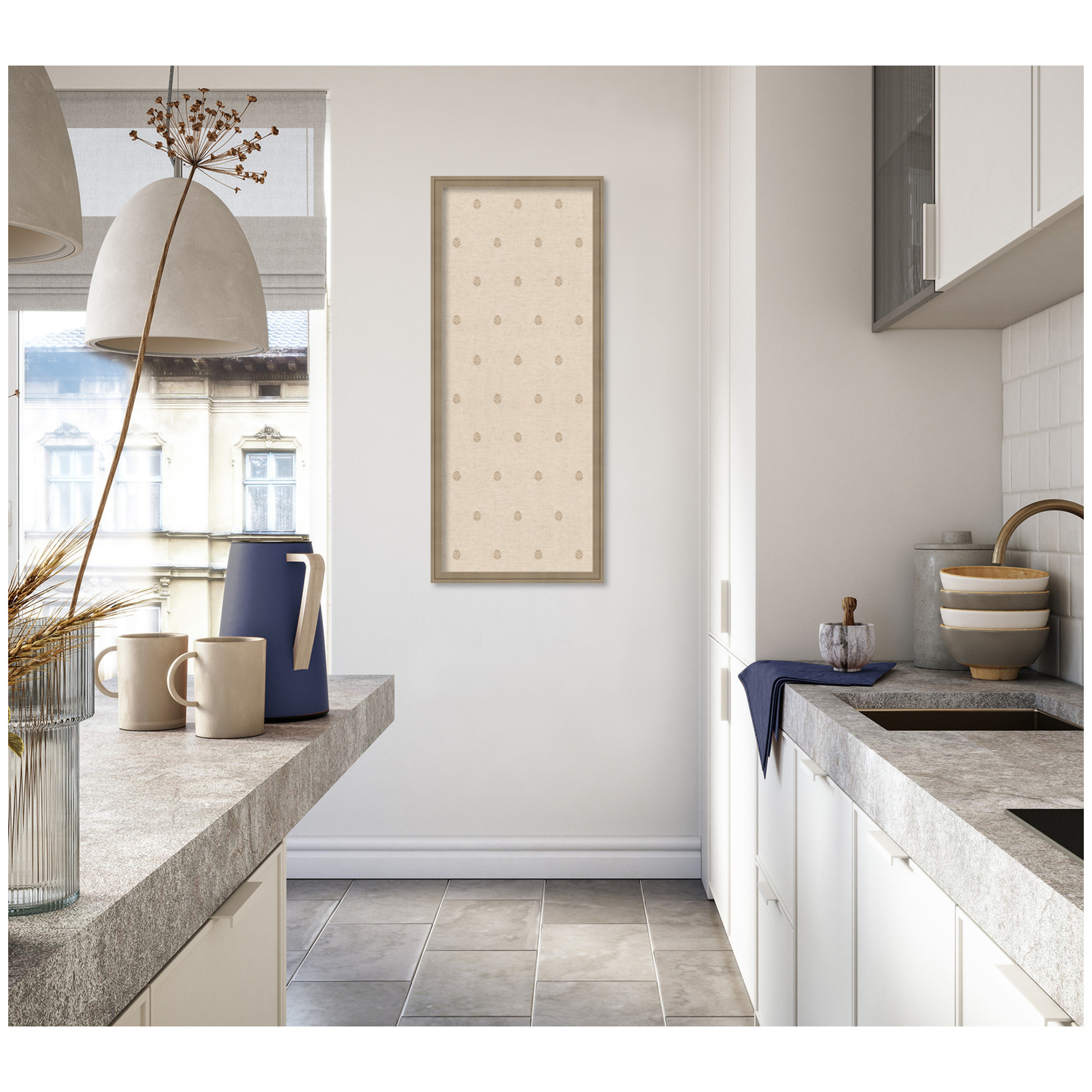 Kate and Laurel Framed Fabric Pinboard 18 x 42, Beige Botanical Block Print Printed Linen Classic Bulletin Board for Use as a Vision Board or Wall Organization, Florence Light Brown Frame