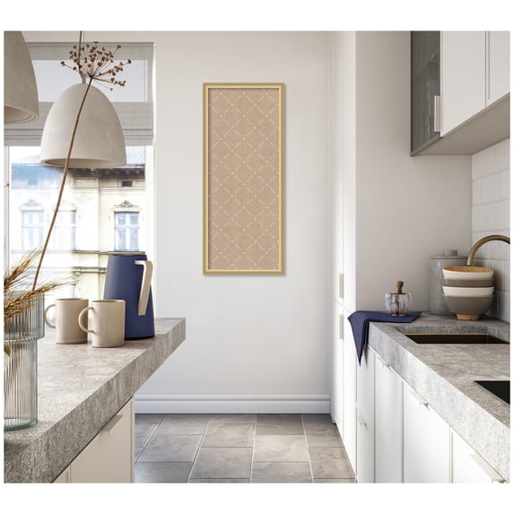 Kate and Laurel Framed Fabric Pinboard 18 x 42, Beige Lattice Pattern Printed Linen Classic Bulletin Board for Use as a Vision Board or Wall Organization, Florence Gold Frame