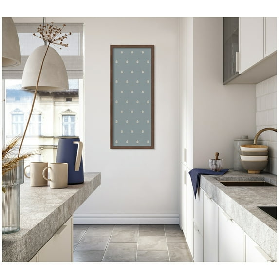 Kate and Laurel Framed Fabric Pinboard 18 x 42, Blue Botanical Block Print Printed Linen Classic Bulletin Board for Use as a Vision Board or Wall Organization, Florence Medium Brown Frame