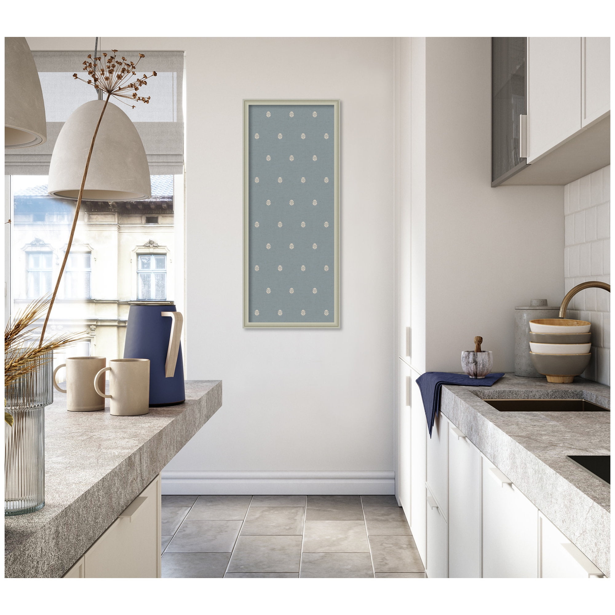Kate and Laurel Framed Fabric Pinboard 18 x 42, Blue Botanical Block Print Printed Linen Classic Bulletin Board for Use as a Vision Board or Wall Organization, Florence Silver Frame