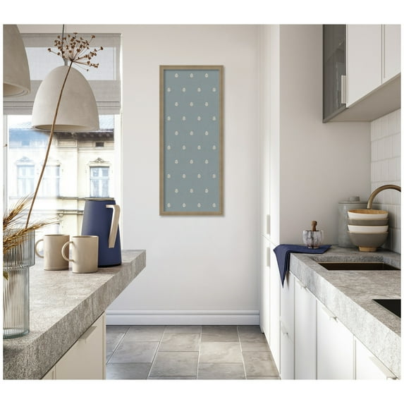 Kate and Laurel Framed Fabric Pinboard 18 x 42, Blue Botanical Block Print Printed Linen Classic Bulletin Board for Use as a Vision Board or Wall Organization, Florence Light Brown Frame