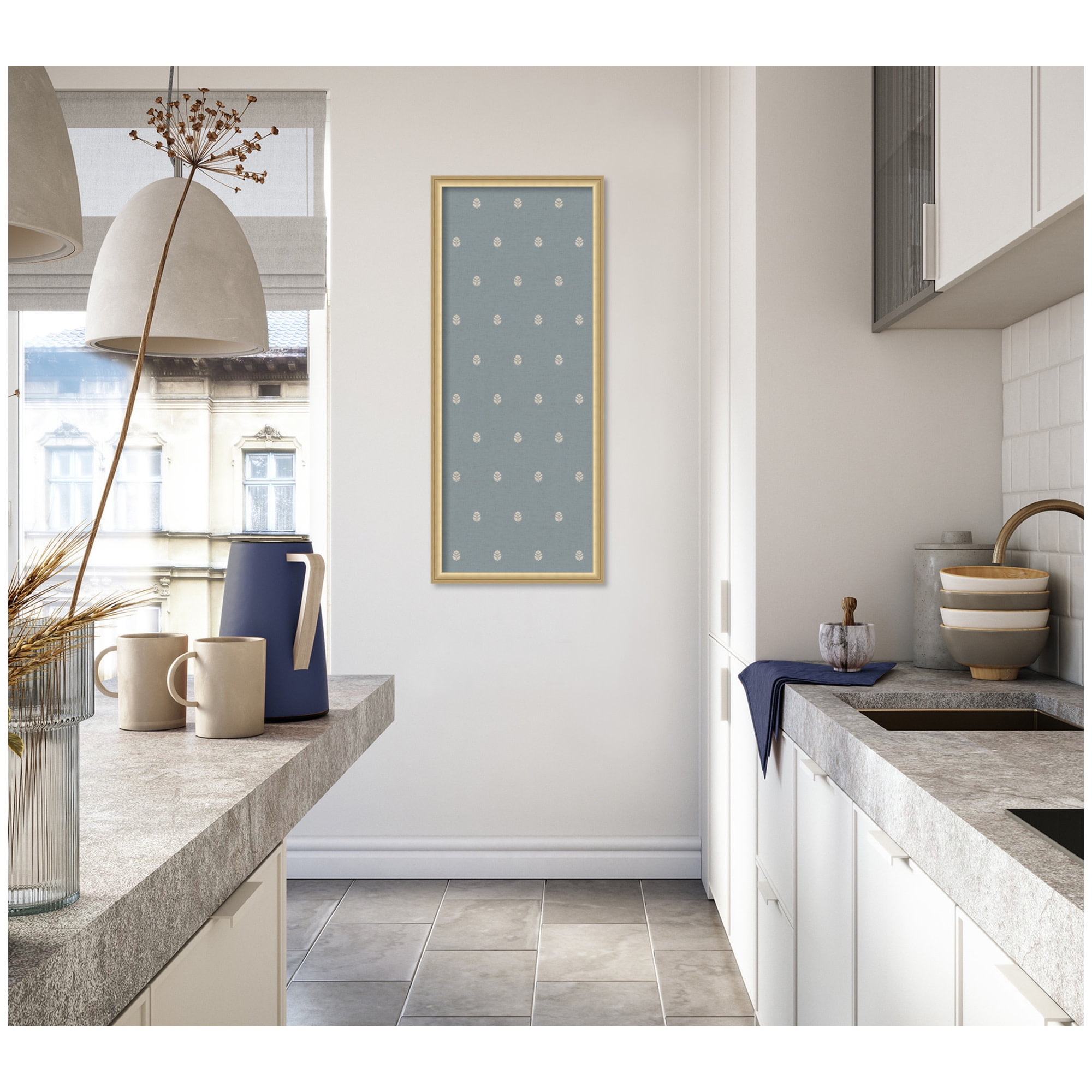 Kate and Laurel Framed Fabric Pinboard 18 x 42, Blue Botanical Block Print Printed Linen Classic Bulletin Board for Use as a Vision Board or Wall Organization, Florence Gold Frame