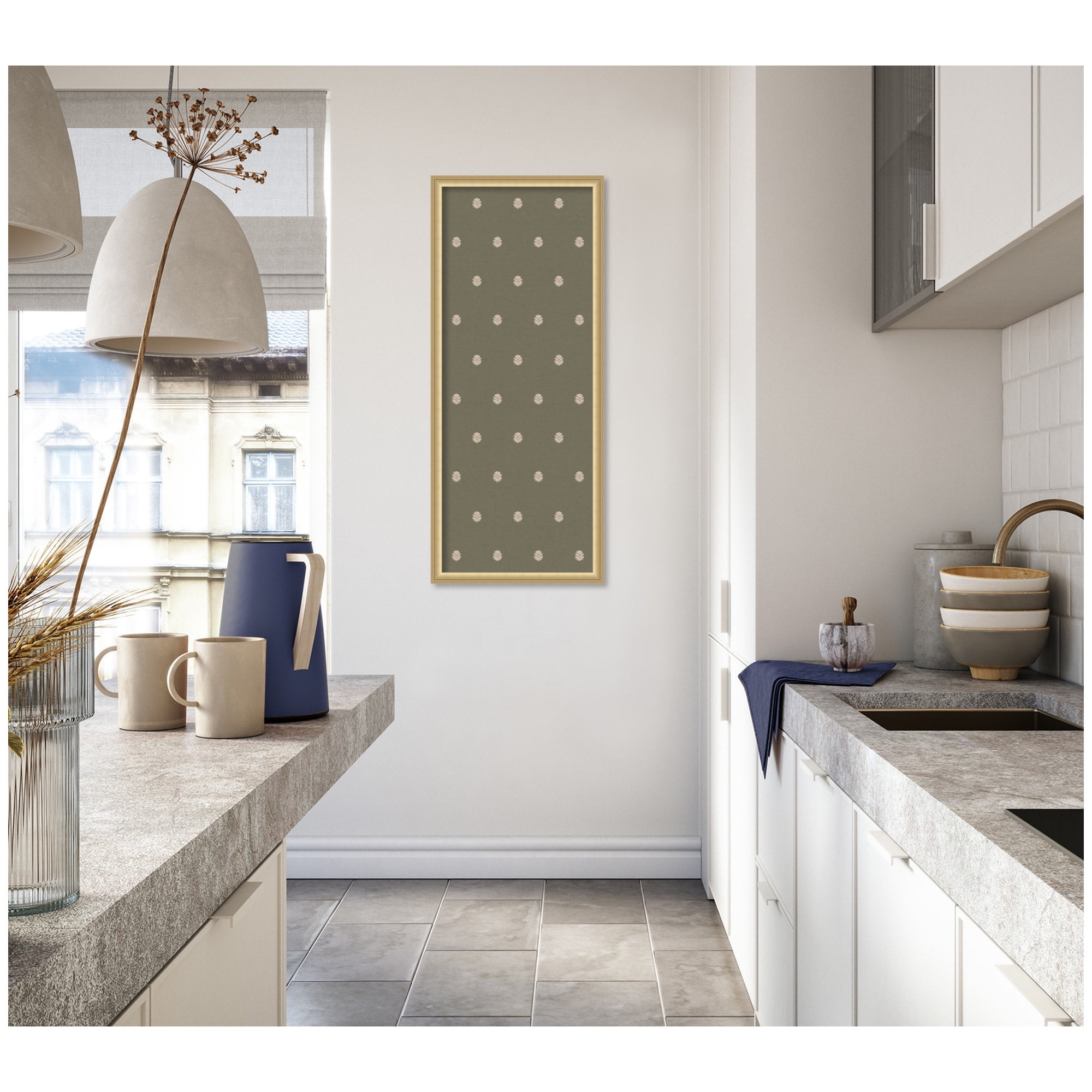 Kate and Laurel Framed Fabric Pinboard 18 x 42, Green Botanical Block Print Printed Linen Classic Bulletin Board for Use as a Vision Board or Wall Organization, Florence Gold Frame