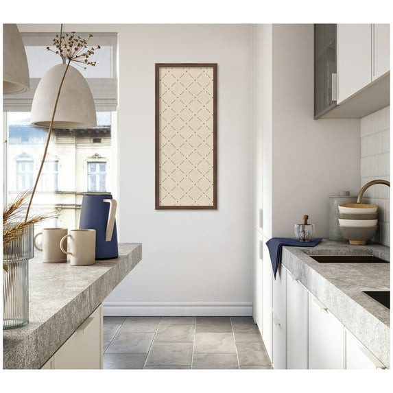 Kate and Laurel Framed Fabric Pinboard 18 x 42, Green Lattice Pattern Printed Linen Classic Bulletin Board for Use as a Vision Board or Wall Organization, Florence Medium Brown Frame