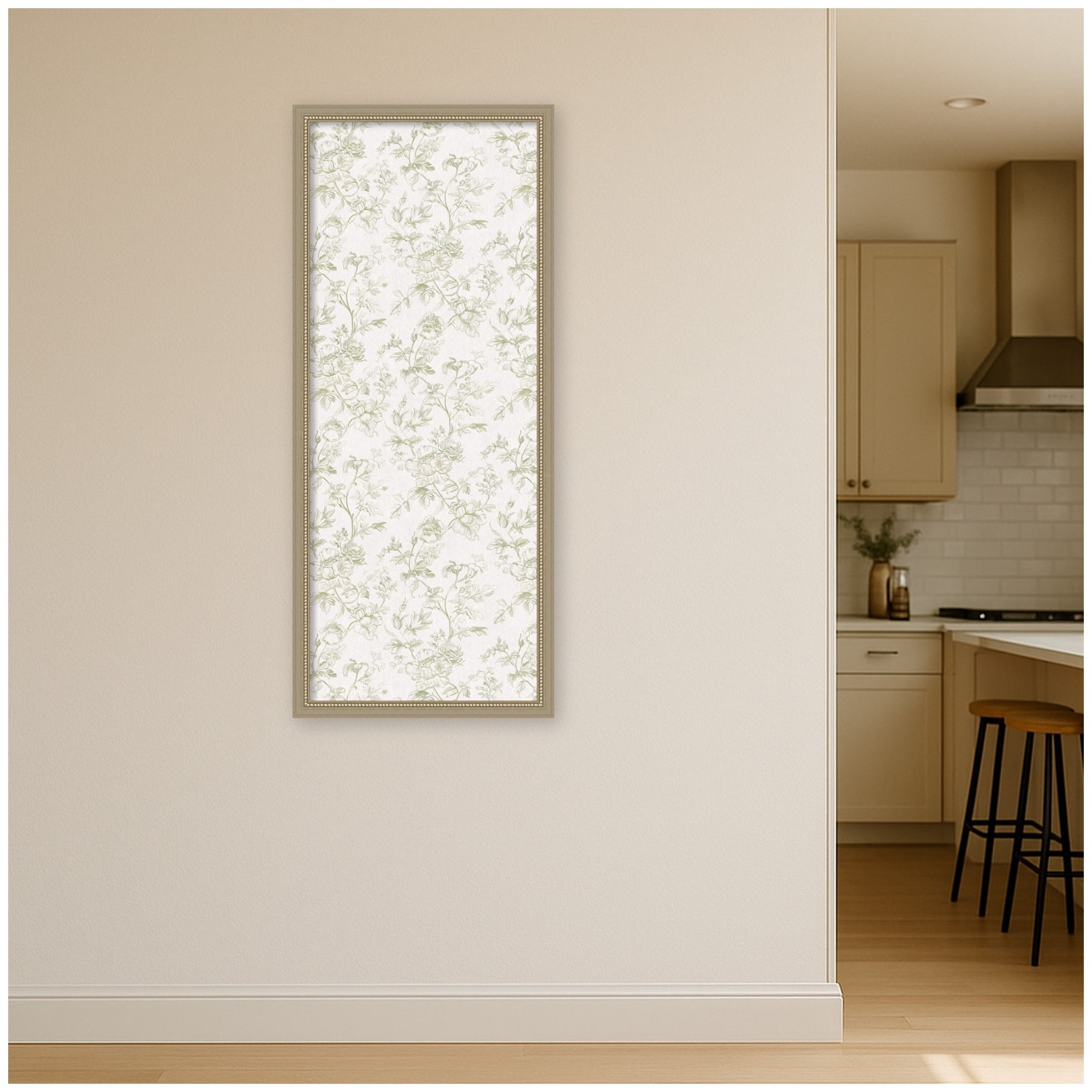 Kate and Laurel Framed Fabric Pinboard 18 x 42, Green and White Floral Toile Printed Linen Traditional Bulletin Board for Use as a Vision Board or Wall Organization, Belmont Distress Silver Frame
