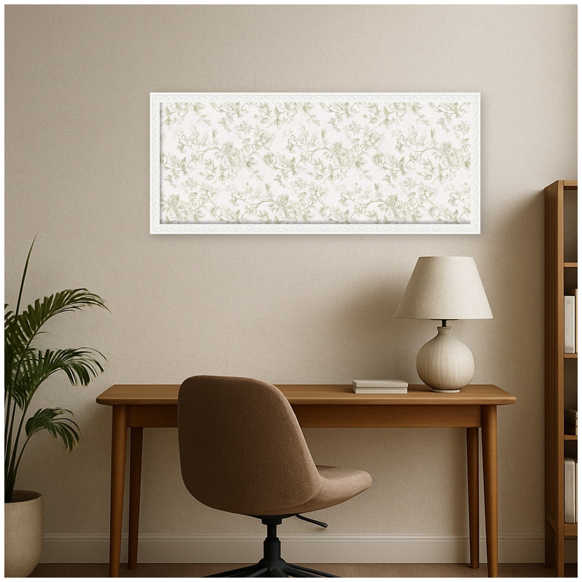 Kate and Laurel Framed Fabric Pinboard 18 x 42, Green and White Floral Toile Printed Linen Traditional Bulletin Board for Use as a Vision Board or Wall Organization, Bethany White Frame