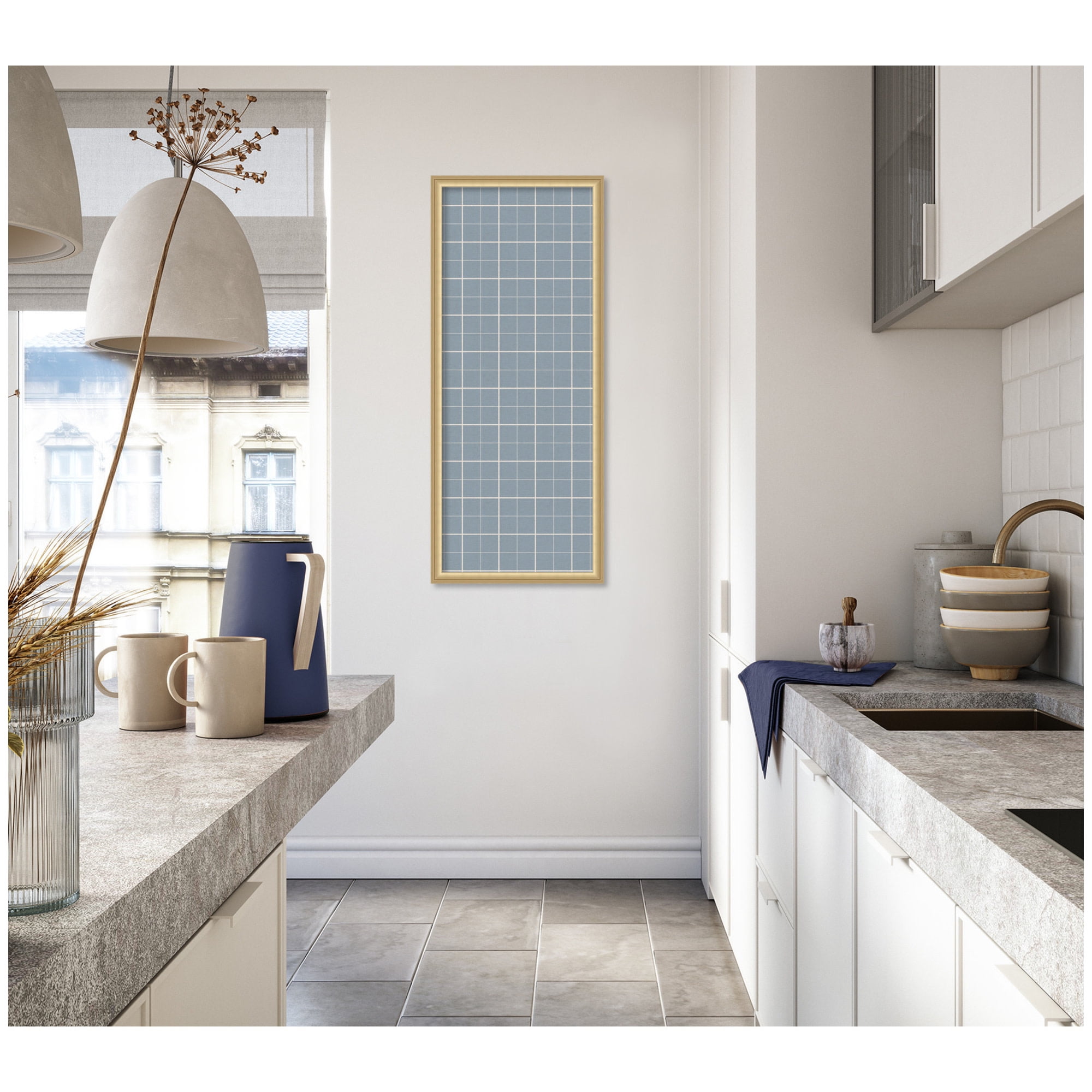 Kate and Laurel Framed Fabric Pinboard 18 x 42, Light Blue Plaid Printed Linen Classic Bulletin Board for Use as a Vision Board or Wall Organization, Florence Gold Frame