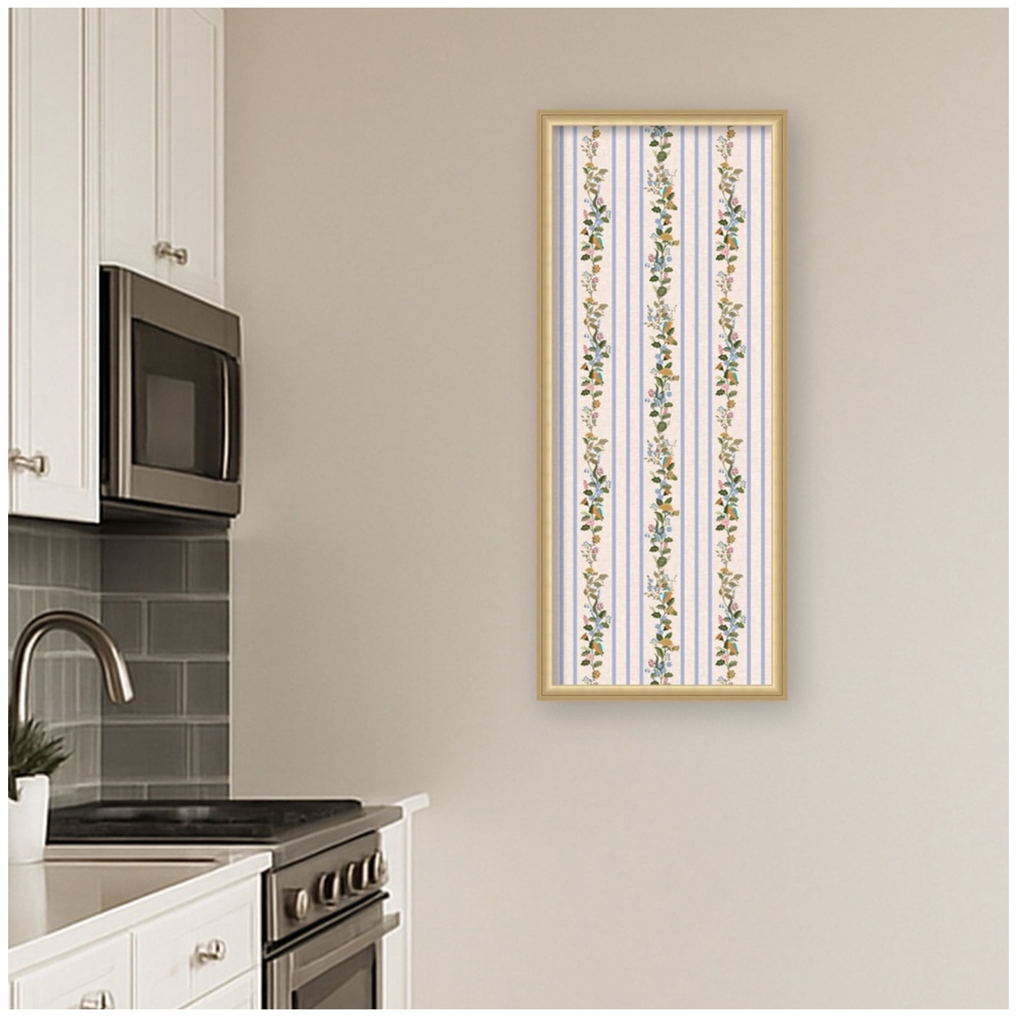 Kate and Laurel Framed Fabric Pinboard 18 x 42, MC Striped Botanical Birds Singing Printed Linen Casual Transitional Bulletin Board for Use as a Vision Board or Wall Organization, Florence Gold Frame