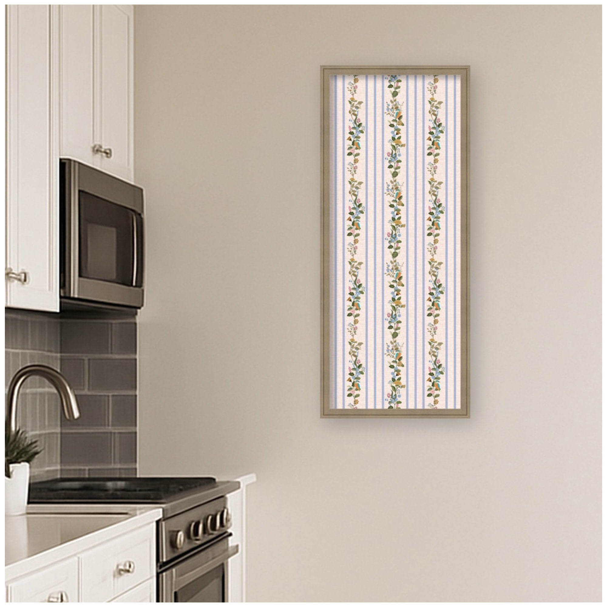 Kate and Laurel Framed Fabric Pinboard 18 x 42, MC Striped Botanical Birds Singing Printed Linen Casual Transitional Bulletin Board for Vision Board or Wall Organization, Florence Light Brown
