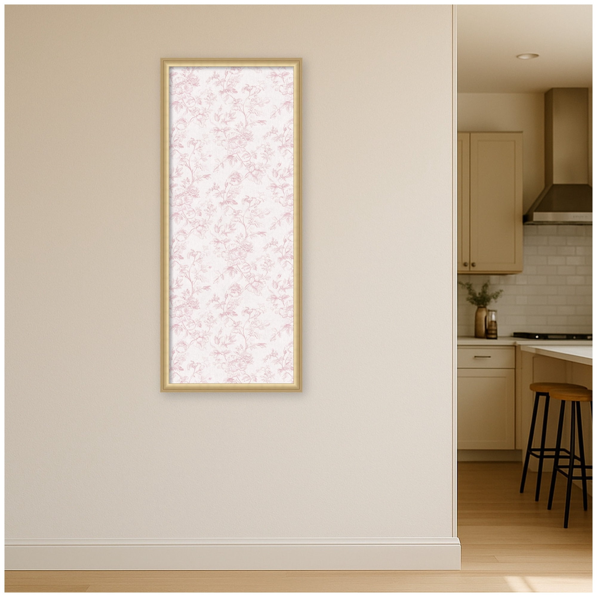Kate and Laurel Framed Fabric Pinboard 18 x 42, Pink and White Floral Toile Printed Linen Casual Transitional Bulletin Board for Use as a Vision Board or Wall Organization, Florence Gold Frame