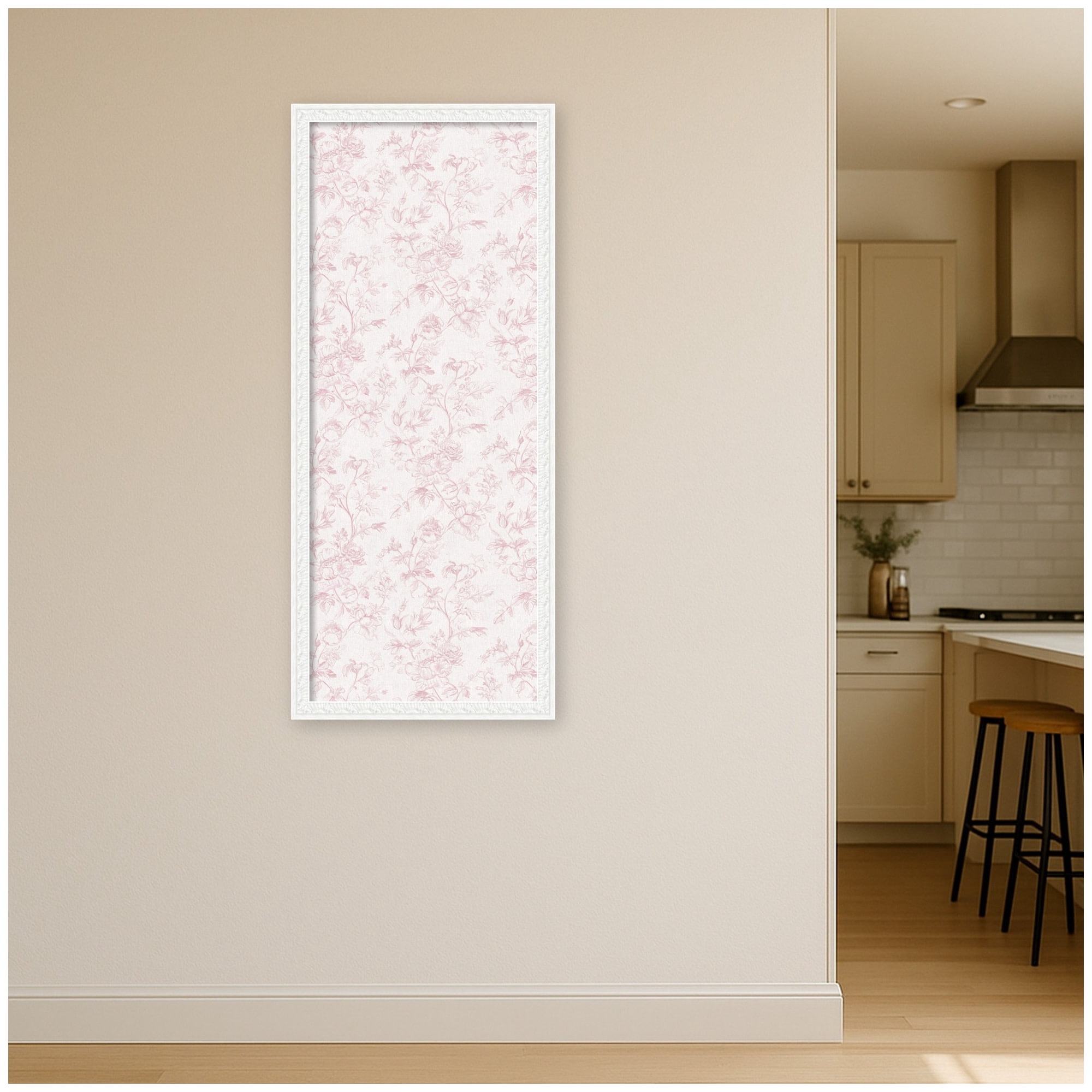 Kate and Laurel Framed Fabric Pinboard 18 x 42, Pink and White Floral Toile Printed Linen Traditional Bulletin Board for Use as a Vision Board or Wall Organization, Bethany White Frame