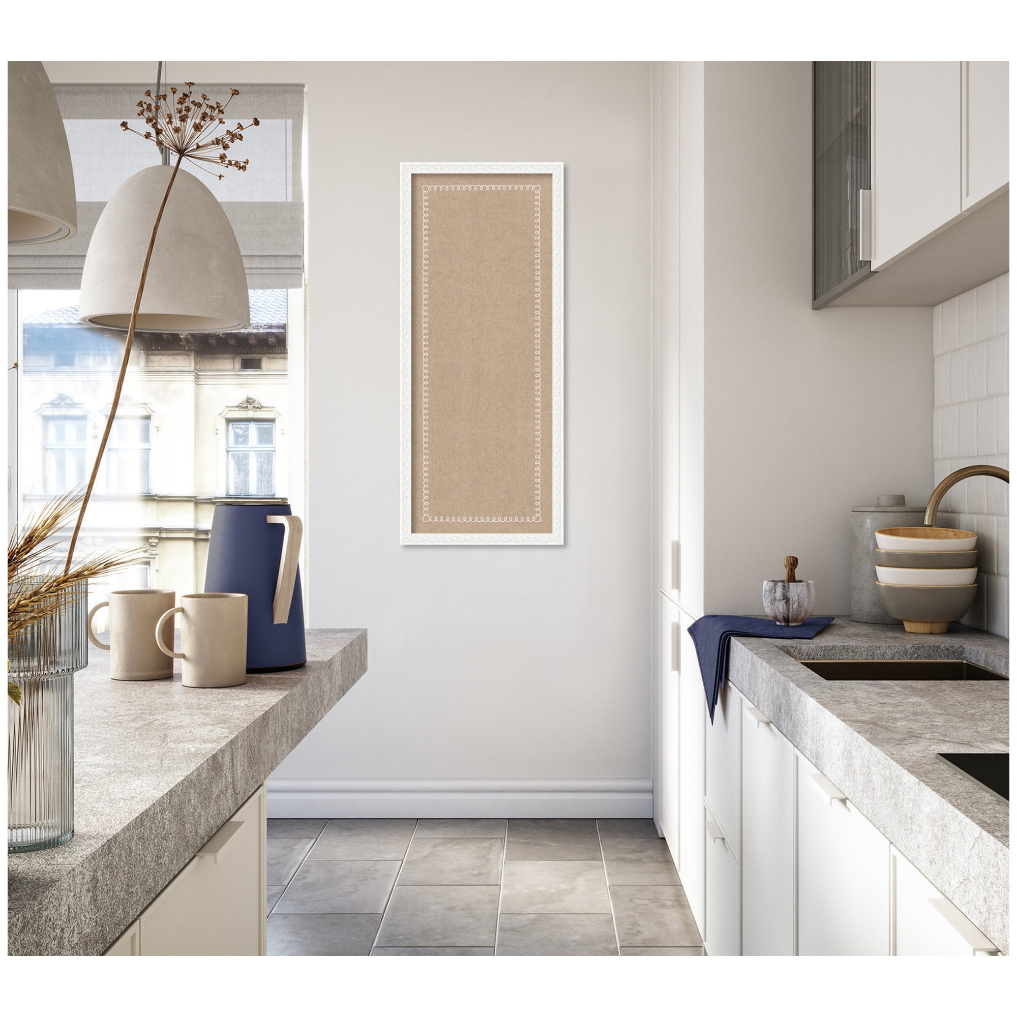 Kate and Laurel Framed Fabric Pinboard 18 x 42, White Scalloped Edge Printed Linen Decorative Bulletin Board for Use as a Vision Board or Wall Organization, Bethany White Frame
