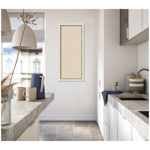 Kate and Laurel Framed Fabric Pinboard 19 x 43, Neutral Weave Printed Linen Modern Bulletin Board for Use as a Vision Board or Wall Organization, Eva White Gold Narrow Frame