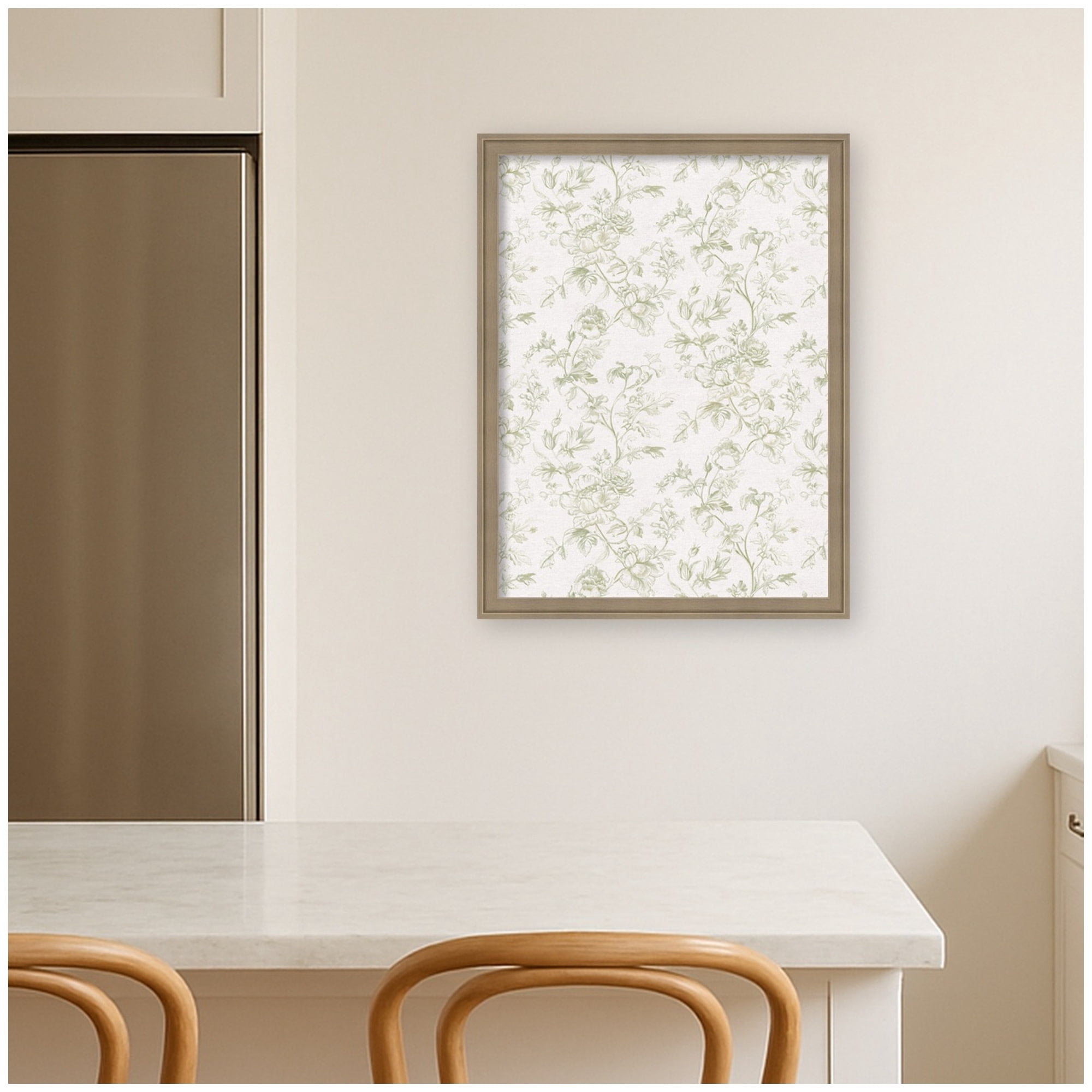 Kate and Laurel Framed Fabric Pinboard 20 x 26, Green and White Floral Toile Printed Linen Casual Transitional Bulletin Board for Vision Board or Wall Organization, Florence Light Brown Frame