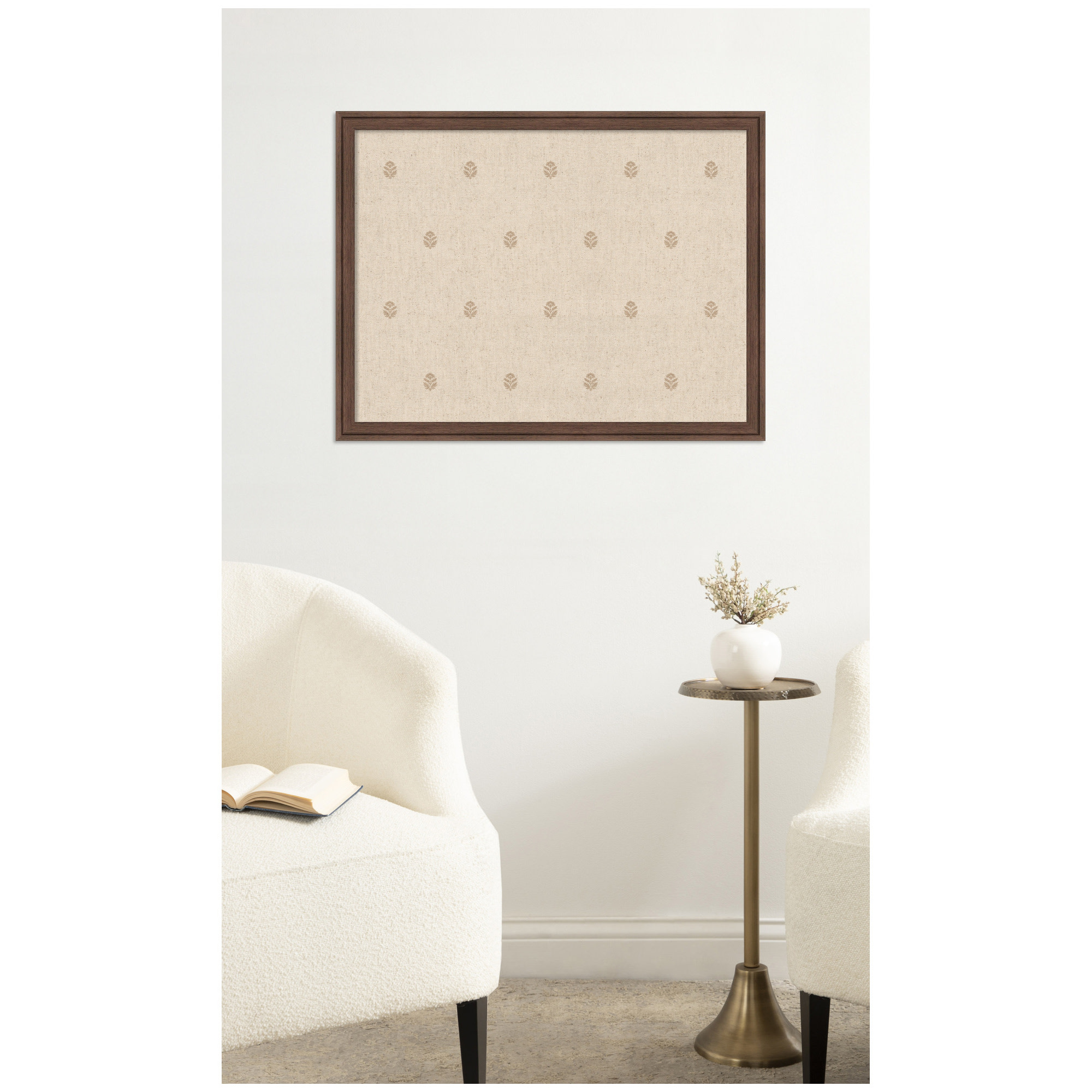 Kate and Laurel Framed Fabric Pinboard 26 x 20, Beige Botanical Block Print Printed Linen Classic Bulletin Board for Use as a Vision Board or Wall Organization, Florence Medium Brown Frame