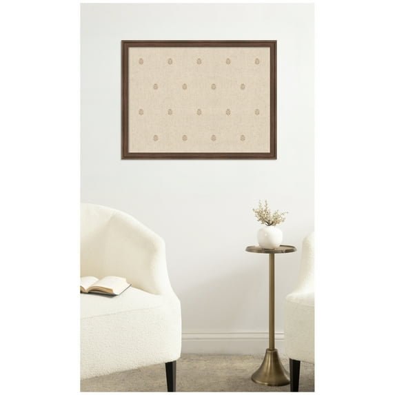 Kate and Laurel Framed Fabric Pinboard 26 x 20, Beige Botanical Block Print Printed Linen Classic Bulletin Board for Use as a Vision Board or Wall Organization, Florence Medium Brown Frame
