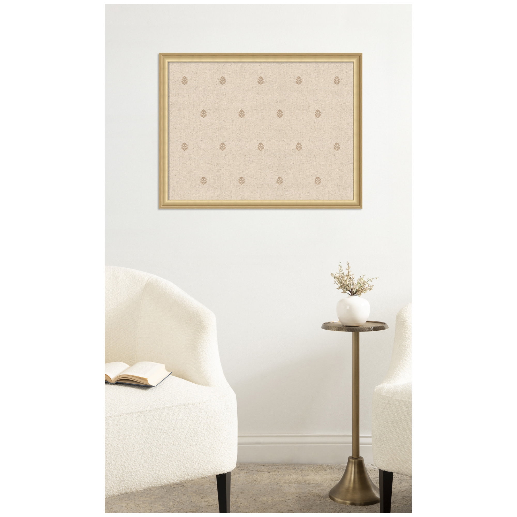 Kate and Laurel Framed Fabric Pinboard 26 x 20, Beige Botanical Block Print Printed Linen Classic Bulletin Board for Use as a Vision Board or Wall Organization, Florence Gold Frame