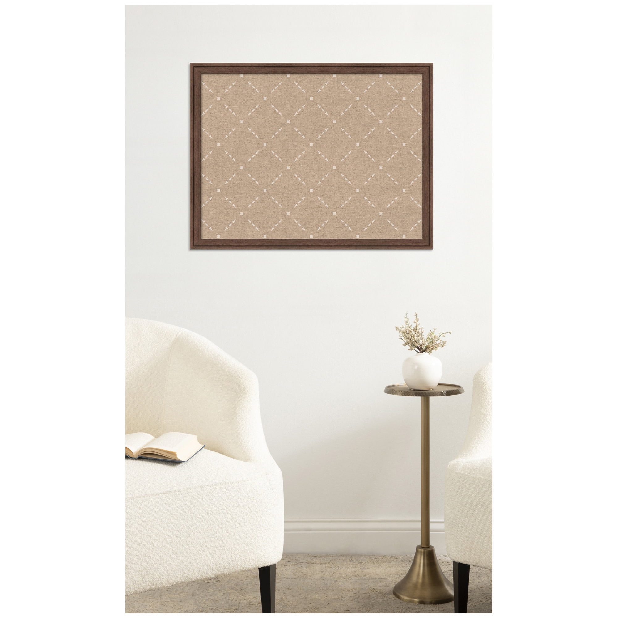 Kate and Laurel Framed Fabric Pinboard 26 x 20, Beige Lattice Pattern Printed Linen Classic Bulletin Board for Use as a Vision Board or Wall Organization, Florence Medium Brown Frame