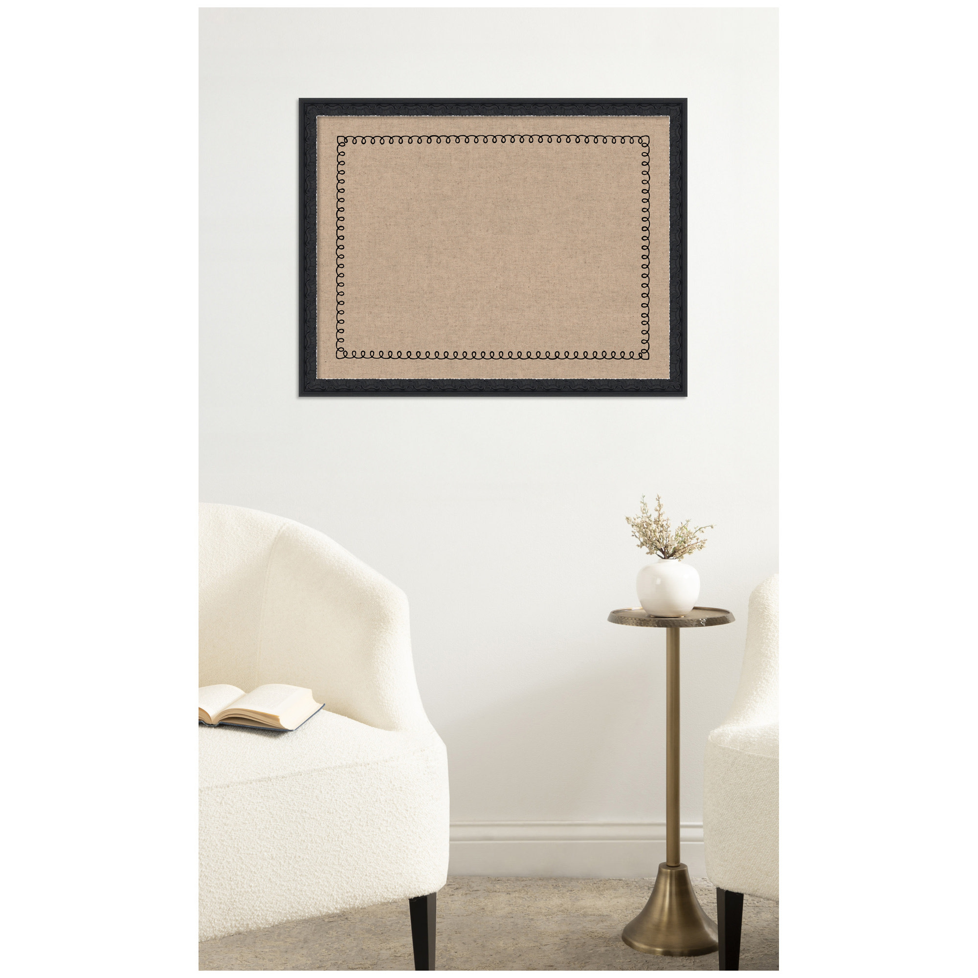 Kate and Laurel Framed Fabric Pinboard 26 x 20, Black Scalloped Edge Printed Linen Decorative Bulletin Board for Use as a Vision Board or Wall Organization, Bethany Black Frame